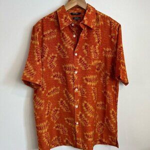 Hawaiian Floral Beach Party Coastal Short Sleeve Casual Button Down Orange Med M
